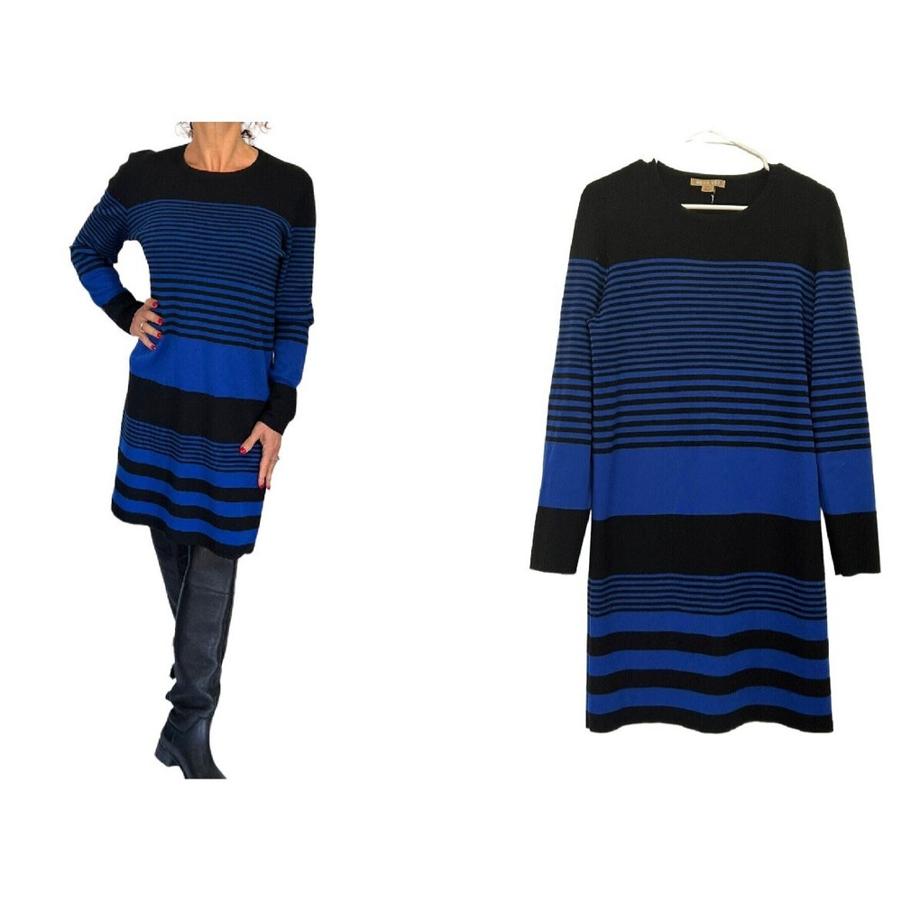 Michael Kors RUNWAY Striped Black Royal Blue Luxury  Cashmere Sweater Dress L
